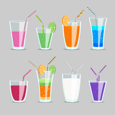 Set of cocktail and fruit juice drinks. Glass and milkshake, orange and tonic, mix exotic ingredient with straw, vector illustrationのイラスト素材