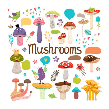 Cute cartoon mushrooms with faces and speech bubbles with birds and insects  colored vector design on whiteのイラスト素材