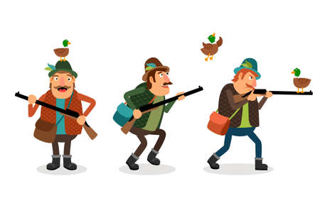Vector hunter with gun. Weapon and shotgun, hunting sport, duck and shooterのイラスト素材