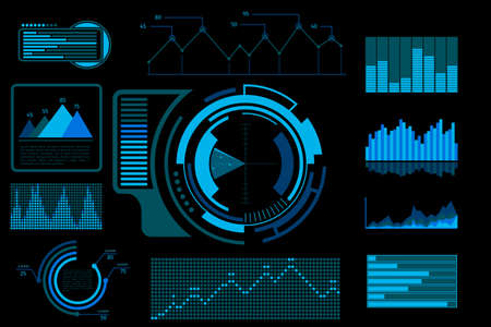 Futuristic blue touch user interface. System display screen, technology digital electronic dashboard with infographic. Vector illustrationのイラスト素材