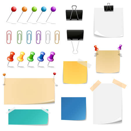 Paper clips binders, note papers. Reminder and supplies  office, attach and clamp, vector illustrationのイラスト素材