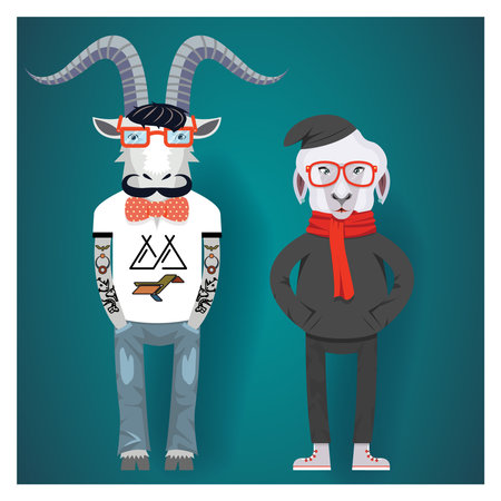 Symbols of Chinese New Year-goat and sheep in hipster clothes. Vector illustrationのイラスト素材
