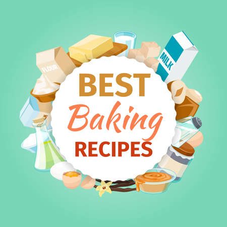Baking vector background with food ingredients. Powder and food, recipe bakery, vector illustrationのイラスト素材