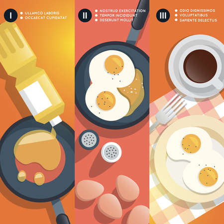 Frying scrambled eggs cooking instruction. Yolk and pan, oil and coffee cup, breakfast gourmet. Vector illustrationのイラスト素材