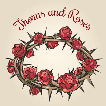 Thorns and roses engraving emblem. Floral flower frame, plant nature, vector illustrationのイラスト素材