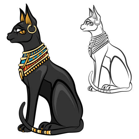 Egypt cat goddess bastet. Egyptian god, ancient figurine sitting, black statue feline, souvenir statuette, vector illustrationのイラスト素材