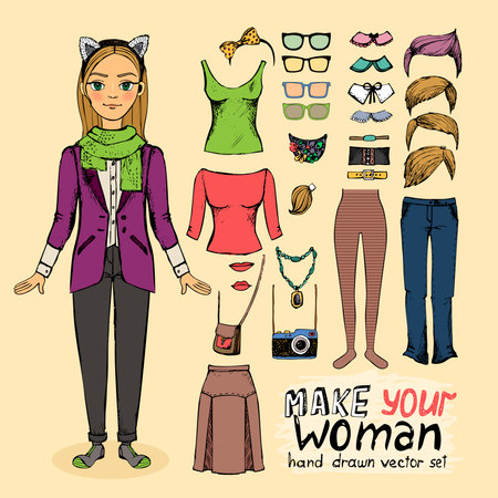 Hipster pretty girl with accessories: hairstyles glasses jabotのイラスト素材