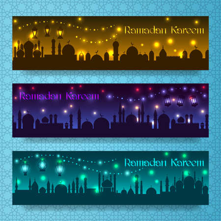 Banners for ramadan kareem and eid with night holiday arab cityのイラスト素材