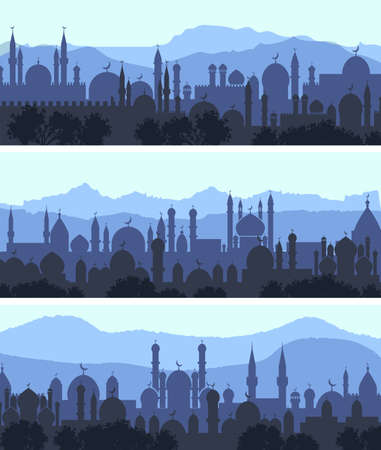 Vector horizontal cityscape arab city night bannersのイラスト素材