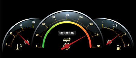 Vector Speedometer Panel. Black panel temperature reading, speed and fuel with brightly colored...