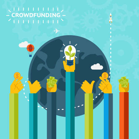Creative World Crowd Funding Concept Graphic Design on Patterned Sky Blue Background.のイラスト素材