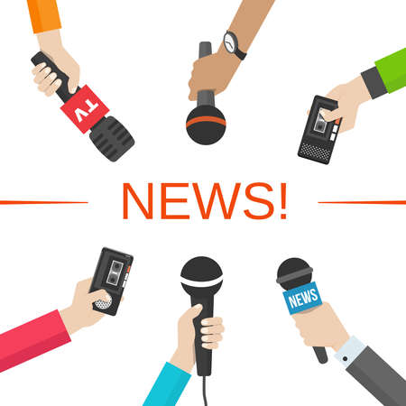 Set of hands holding microphones and voice recorders. News and journalism concept. Vector illusatrationのイラスト素材