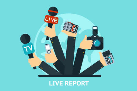 vector live report concept,  live news, hands of journalists with microphones and tape recordersのイラスト素材