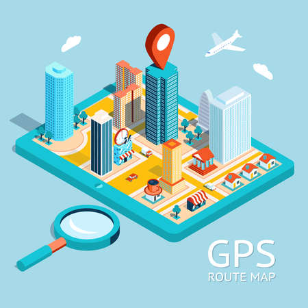 Map a small town on the tablet with the specified destination point. GPS route map. City navigation app. Vector illustrationのイラスト素材