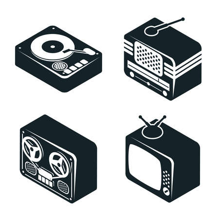 Set of 3D Isometric Icons of Retro Media Devices in Black and White Color on White Background.のイラスト素材