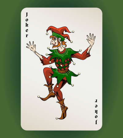 Vector Joker playing card, colored jester on white backgroundのイラスト素材