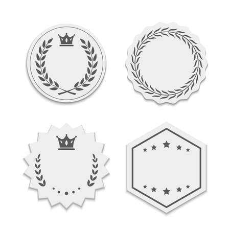 Vector white paper labels with wreaths and crowns. Beautiful stickers with stroke, different shapesのイラスト素材