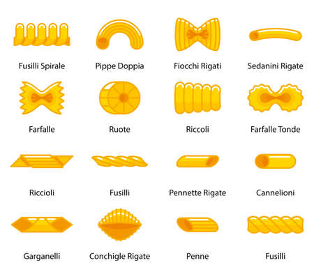 Vector color pasta collection. Macaroni spirale, pippe doppia, fiocchi and spaghetti, italian cuisine illustrationのイラスト素材