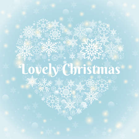 Christmas Concept - Lovely Christmas Texts on Heart Shape Snowflakes on Sky Blue Background with Sparks.のイラスト素材