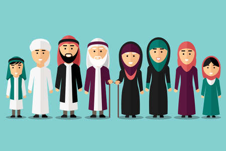Arab family. Flat muslim characters. People traditional islam culture, man and woman, vector...