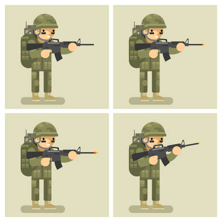 Soldier flat design animation shot weapon. Order act movement, automatic and shooter, assault or attack, uniform  warrior, vector illustrationのイラスト素材