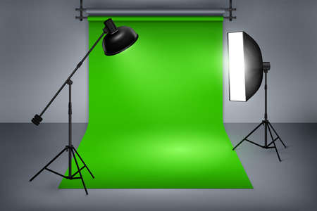 Film or photo studio green screen. Interior with equipment, photography and flash spotlight. Vector illustrationのイラスト素材