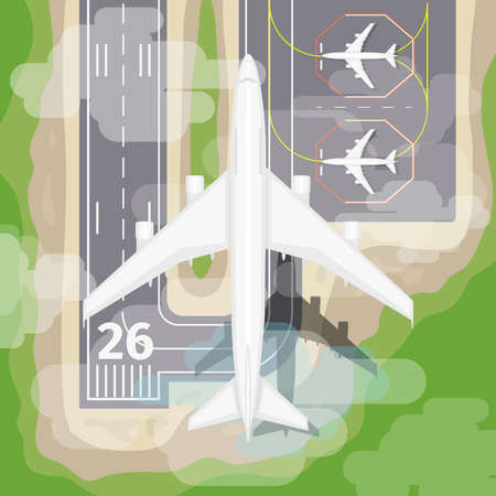 Landing airplane. Transportation to airport, aviation in sky, vector illustrationのイラスト素材