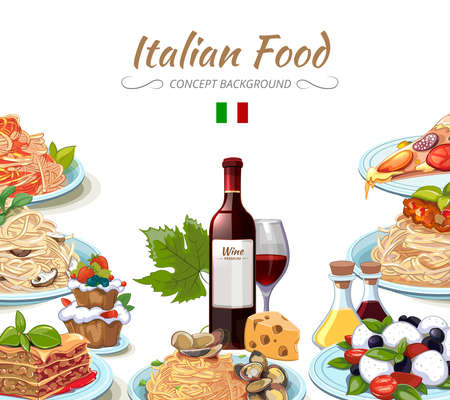 Italian cuisine food background. Cooking lunch pasta, spaghetti and cheese, oil and wine. Vector illustrationのイラスト素材
