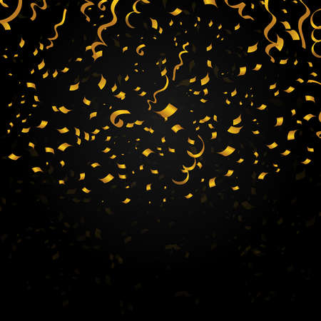 Gold confetti on black background. Decoration design for christmas holiday party, new year. Vector festive illustrationのイラスト素材