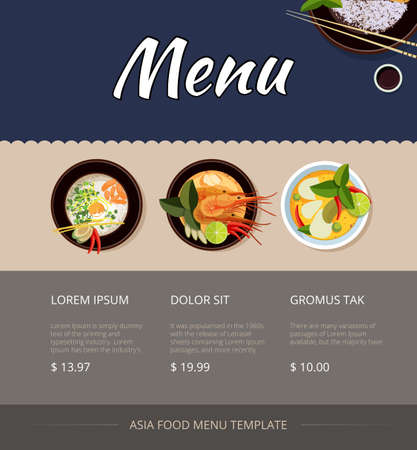 Thai food menu template design. Price and buy, shrimp and cuisine, breakfast seafood, vector illustrationのイラスト素材