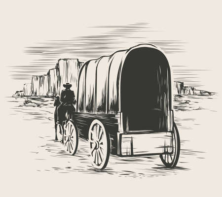Old wagon in wild west prairies. Pioneer on horse transportation cart, vector illustrationのイラスト素材