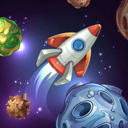 Movie poster with planets, moon, stars and space rocket. Ship and science, technology astronomy, galaxy and shuttle, spacecraft and vehicle. Vector illustrationのイラスト素材