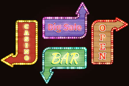 Open, big sale, casino, bar retro neon sign set. Design vintage, advertising electric, illuminated frame, vector illustrationのイラスト素材