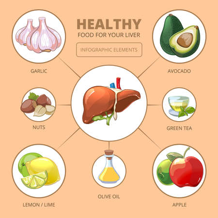 Healthy foods for liver. Apple and olive, lime or lemon, green tea, nuts and garlic design, vector illustration. Medical health infographicのイラスト素材