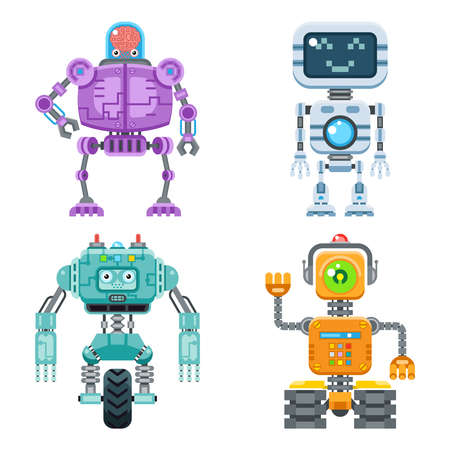 Robot flat icons vector set. Machine technology ai, intelligence artificial cyborg, science robotic illustrationのイラスト素材