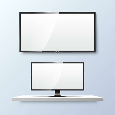Lcd monitor and empty white flat TV screen. Display blank, technology digital, electronic equipment. Vector illustration templatesのイラスト素材