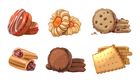 Cookies vector icons set in cartoon style. Bakery element, snack nutrition, tasty dessert, roll yummy, pastry eat illustrationのイラスト素材
