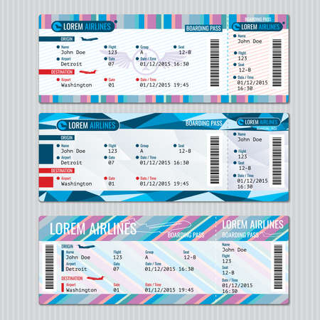 Airline boarding pass tickets vector template. Card passenger, trip aeroplane illustrationのイラスト素材