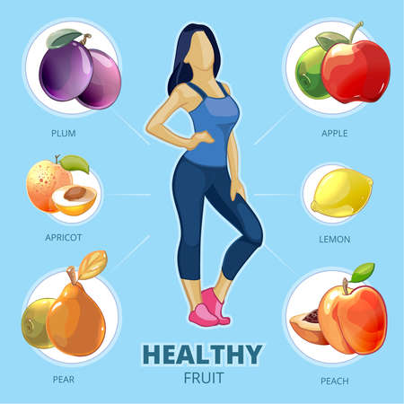 Healthy fruit vector infographic. Lifestyle girl, figure woman, lemon peach pear apricot plum, vector illustrationのイラスト素材
