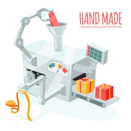 Vector cartoon robotic production of gift boxes. Packaging and wrapping, automation and handmadeのイラスト素材