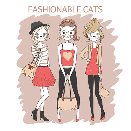 cute fashion girls cats colored vector illustrationのイラスト素材