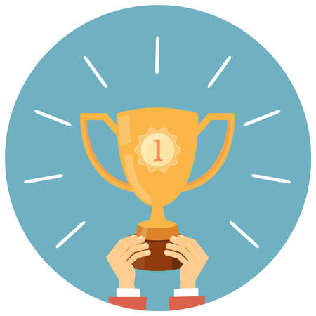 Trophy, hands holding winner cup vector illustration in flat styleのイラスト素材