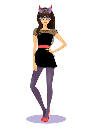 Cute sassy sexy bad girl with horns and long brunette hair wearing glasses standing in a black mini skirt and stilettos with her hand on her hip in a seductive pose  vector illustration on whiteのイラスト素材