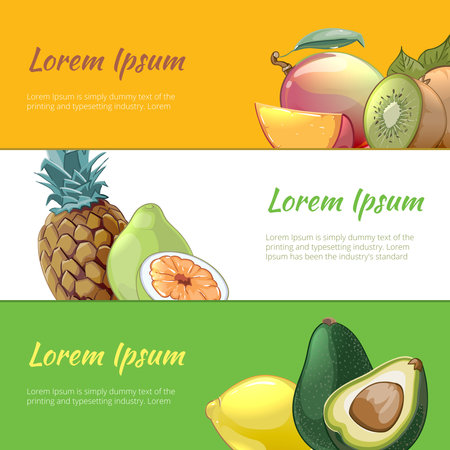 Juicy fruits banners set. Sweet natural vitamin, pineapple pear and organic dessert, vector illustrationのイラスト素材