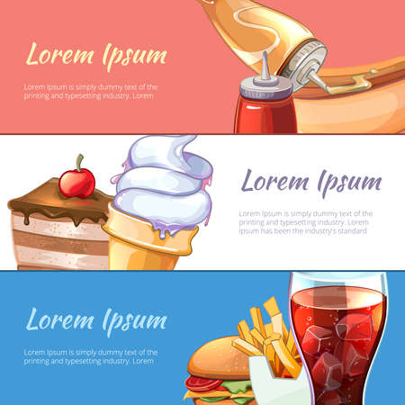 Vector Fast Food horizontal banners set. Restaurant and hamburger, burger lunch snack, soda and hot dog illustrationのイラスト素材