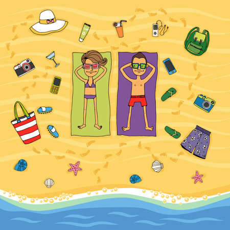 Cartoon vector illustration from above of a couple lying on their towels on the golden sand sunbathing on a tropical beach at the waters edge surrounded by various holiday iconsのイラスト素材