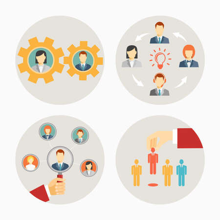 Set of vector business people and staff icons in circles depicting a set of gears for teamwork  a brainstorming group  leadership of a group or team  and recruitment or dismissalのイラスト素材