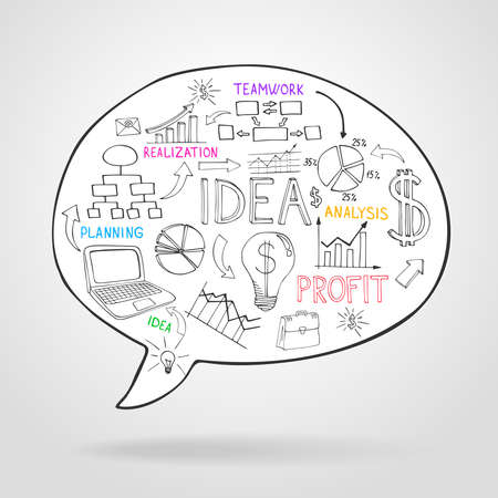 Business strategy and planning in a speech bubble with icons depicting flow charts  analysis  light bulb  ideas  teamwork and profit  vector illustrationのイラスト素材