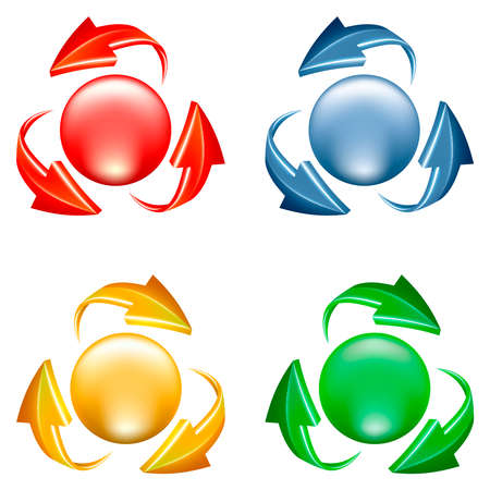 Buttons set. 3d icon of sphere and arrows in various colorsのイラスト素材