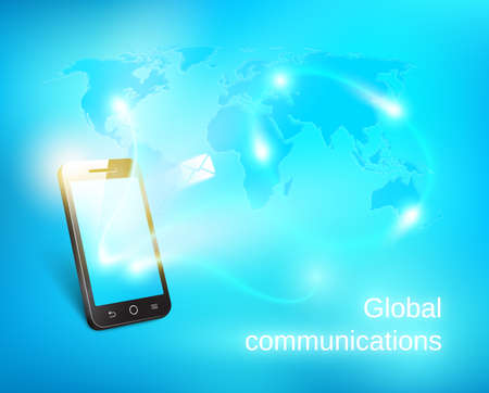 Smart phone sending out message on blue world map backgroundのイラスト素材
